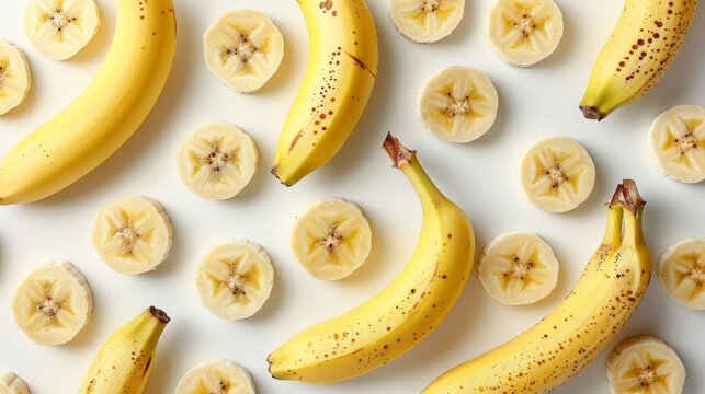 Flat lay of whole and sliced bananas on a white background.