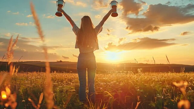 Victory moment: person holding triumphal cup celebrates success across sports, competition, personal goals, embodying achievement, recognition, joy of reaching new heights in business, beyond.