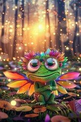 Naklejka premium A cute green creature with wings and flowers on its head sits in a magical forest. AI.