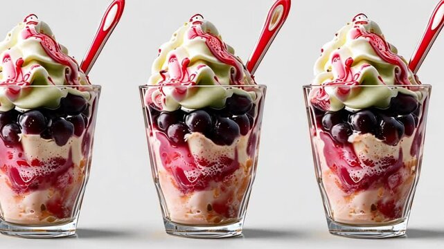 set of grape sundae ice cream in glass without spoon on white background
