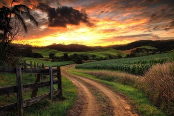 Obraz premium A serene dirt path winds through lush green fields under a vibrant sunset sky, creating a peaceful rural landscape.