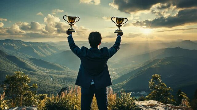 Victory moment: person holding triumphal cup celebrates success across sports, competition, personal goals, embodying achievement, recognition, joy of reaching new heights in business, beyond.