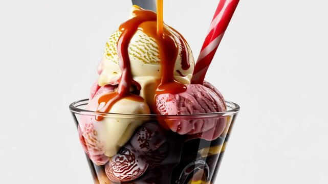 set of grape sundae ice cream in glass without spoon on white background