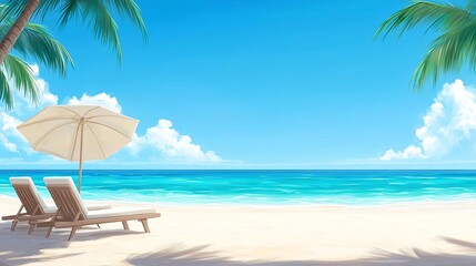 Serene beach scene with loungers, umbrella, and clear blue water, perfect for relaxation and vacation vibes.