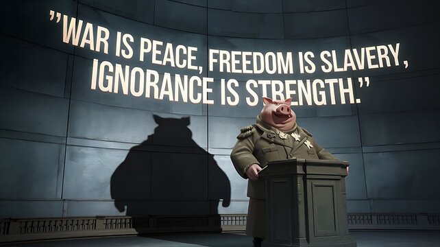 Pig Dictator's Propaganda:  Dystopian World, Freedom is Slavery, Ignorance is Strength, 1984, War is Peace
