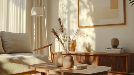 Mockup of a frame designed for ISO A paper size, showcasing a living room wall display. Interior backdrop with a house background. Contemporary design elements. 3D rendering.