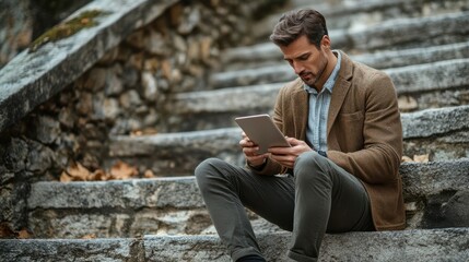 Fototapeta premium Mid adult businessman working on digital tablet while sitting on steps