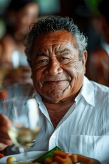 A man smiles warmly while holding a glass of wine. AI.