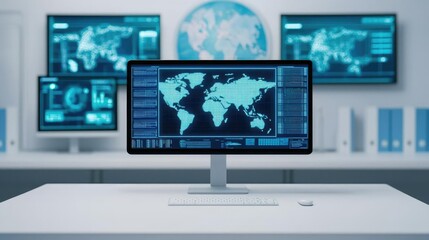 Modern workspace with multiple screens displaying world map and data interfaces.