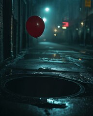 A red balloon floats above a sewer grate in a dark, wet, urban street at night.