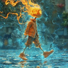 A surreal illustration of a figure walking with fire for a head.