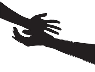 Obraz premium Two hands reaching out to each other, symbolizing giving and seeking help, support. Silhouettes of two touching hands, isolated on a transparent background. Black and white vector illustration.