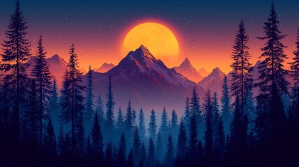 Sunset over mountains with silhouette trees