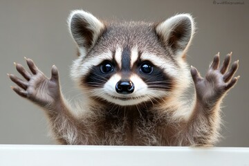 Fototapeta premium Raccoon is holding its paws up and smiling. Concept of playfulness and joy