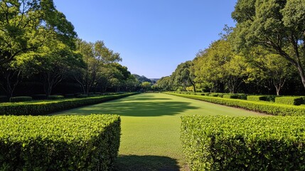 Fototapeta premium Lush manicured hedges create an inviting atmosphere in this park, enhancing the landscape with their beauty. The neatly trimmed hedges provide a serene backdrop, perfect for relaxation.