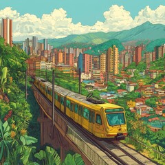 Naklejka premium A yellow train travels through a lush, green cityscape, with mountains and clouds in the background.