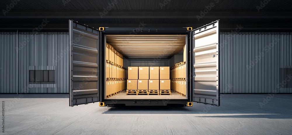 Poster open shipping container filled with cardboard boxes in a warehouse.