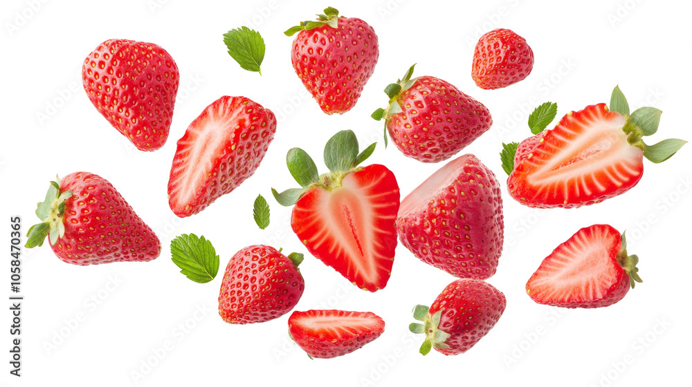Poster falling strawberries and slices isolated png