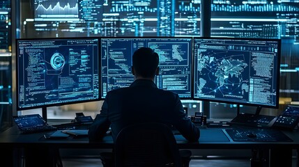Working businessman in front of a computer screen, digital technology and finance 