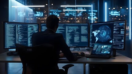 Fototapeta premium Working businessman in front of a computer screen, digital technology and finance 
