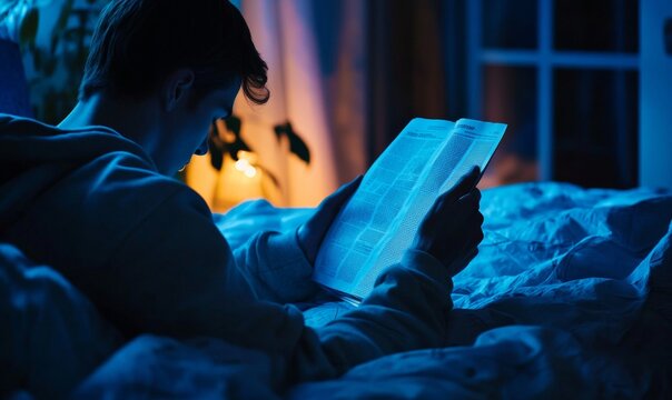 Young Adult Reading Newspaper at Night for Digital Balance and Relaxation