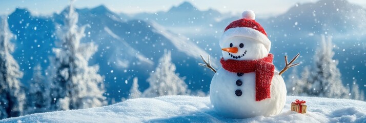 Obraz premium Panoramic view of a snowman standing on a snowy hill, with distant mountains and room for copy on the right.