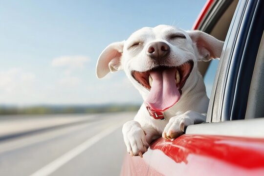 White dog is smiling and sticking its tongue out while sitting in a car window. The dog appears to be enjoying the ride and the feeling of the wind blowing through its fur