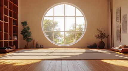 Fototapeta premium Serene yoga studio with a massive circular window flooding the room with natural light, surrounded by wooden flooring, cream walls, and minimalist decor.