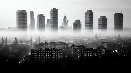 City skyline shrouded in fog