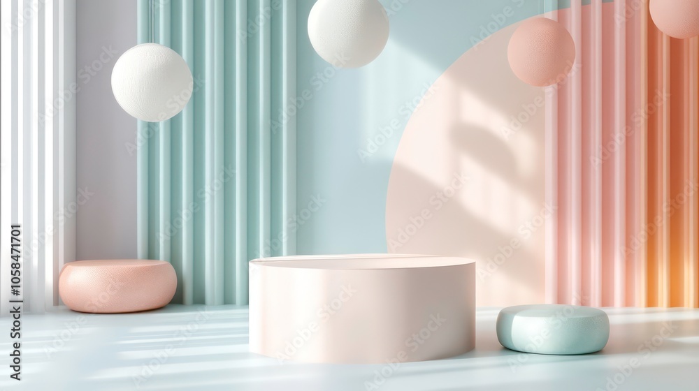 Poster render of cylinder pedestal showcase scene, geometric shapes background and realistic pastel display