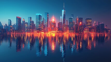 Obraz premium City skyline with reflective water at dusk.