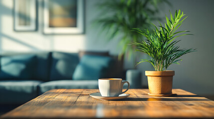 A cup of coffee sitting on top of a wooden table next to a couch and a potted plant on top of a wooden table