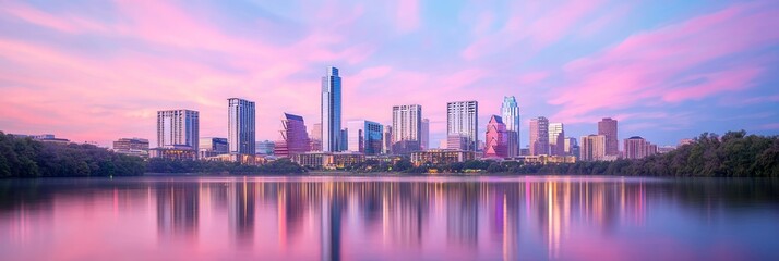 Fototapeta premium Serene Sunrise Cityscape: Vibrant Skyline Reflection & Fluffy Clouds in Ultra-Detailed Panoramic Shot