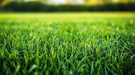 Fototapeta premium Vibrant long curly green grass blankets the meadow, creating a serene landscape. This image highlights the lush beauty of grassy expanses, with ample copy space for your text.