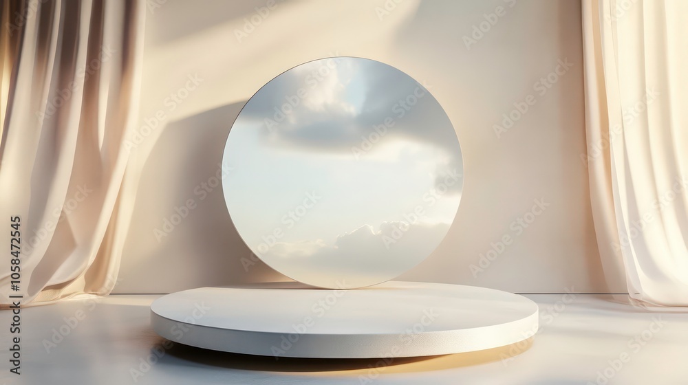 Aufkleber a minimalist circular mirror reflecting clouds, set on a simple platform with soft drapes.