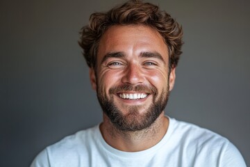 Obraz premium Man with a beard and a white shirt is smiling. He has a big smile on his face and his teeth are visible