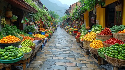 Colorful market with fresh fruits and vegetables