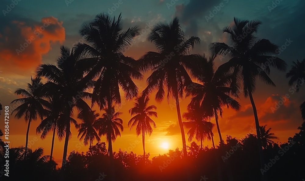 Poster Silhouette of palm trees at sunset with a fiery sky.