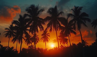 Silhouette of palm trees at sunset with a fiery sky.