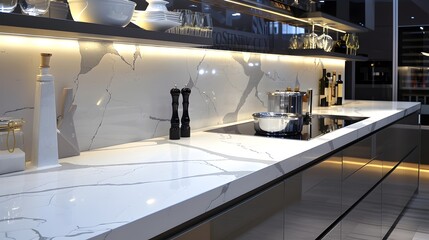 Sleek Modern Kitchen with White Marble Countertops and bottles