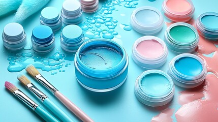 Colorful paints and brushes on a blue surface