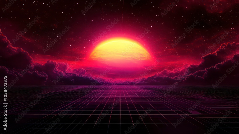 Poster retro 80s inspired futuristic synthwave sunset landscape with a perspective grid and a purple red ne