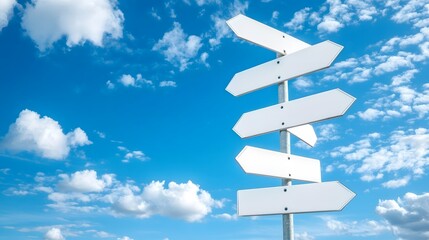 Image of five blank white road signs pointing in different directions against a bright blue sky with scattered clouds
