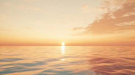 Naklejka premium Calm beach scene captured at sunset, highlighting vibrant orange hues across the sky and reflective waters, creating a serene atmosphere with ample space for text or graphics.