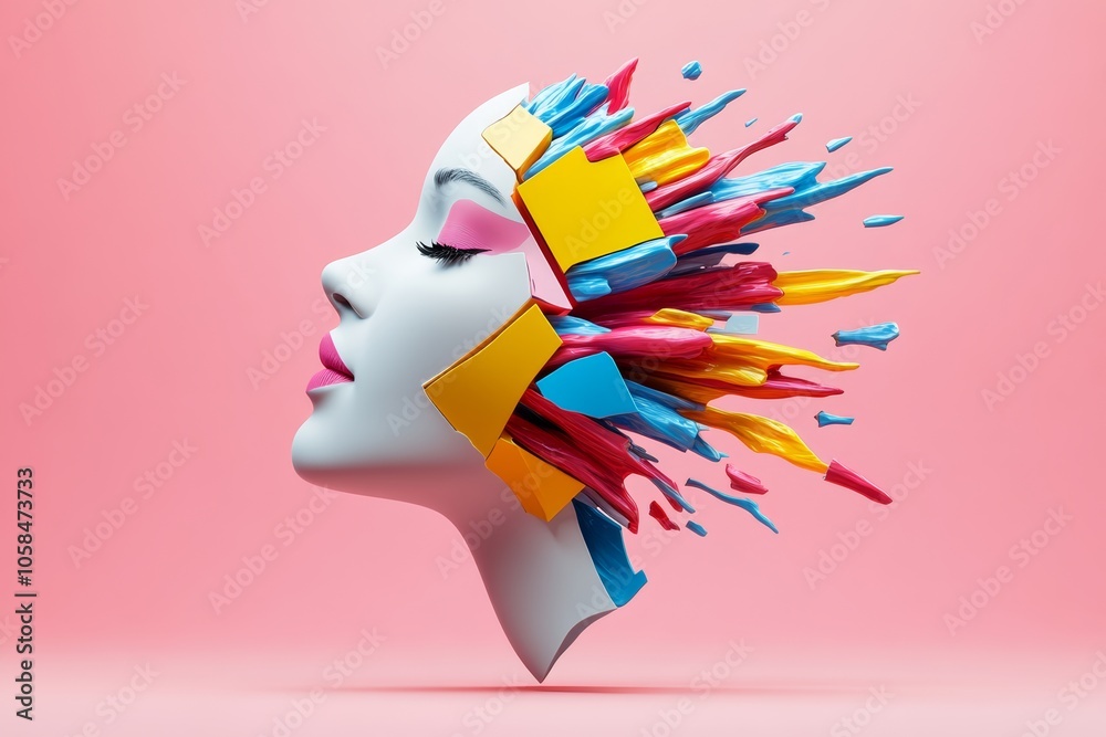 Wall mural woman's face is made up of colorful blocks. the blocks are arranged in a way that creates a sense of