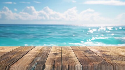 Fototapeta premium Wooden Table on Blurry Ocean Background in Summer for Product Display or Design.