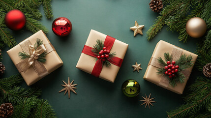 Christmas Eve concept. Top view photo of gift boxes with ribbon bows green red baubles gold star ornaments and pine branches on isolated green background with copyspace in the middle