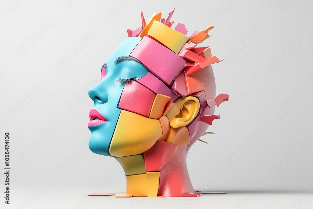 Sticker woman's face is made up of colorful blocks. blocks are arranged in a way that creates a sense of mov