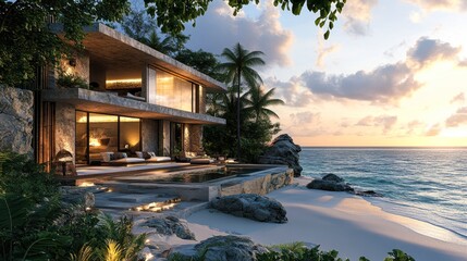 Fototapeta premium Stunning tropical villa by the beach, featuring modern architecture, glass walls, and serene ocean views at sunset, Ideal for travel, luxury living, or architectural design projects,