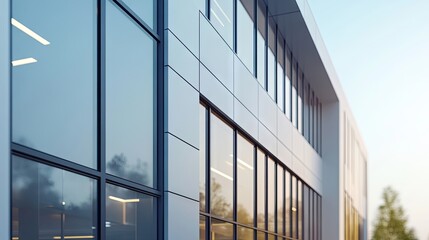 Modern office building exterior designed with a contemporary selection of materials, highlighting a photorealistic style. Includes ample copy space for text integration.